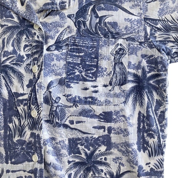 Kids Small Hawaiian Shirt Blue Cotton Aloha Tropical Palm Trees All Over‎ Print - Picture 3 of 10